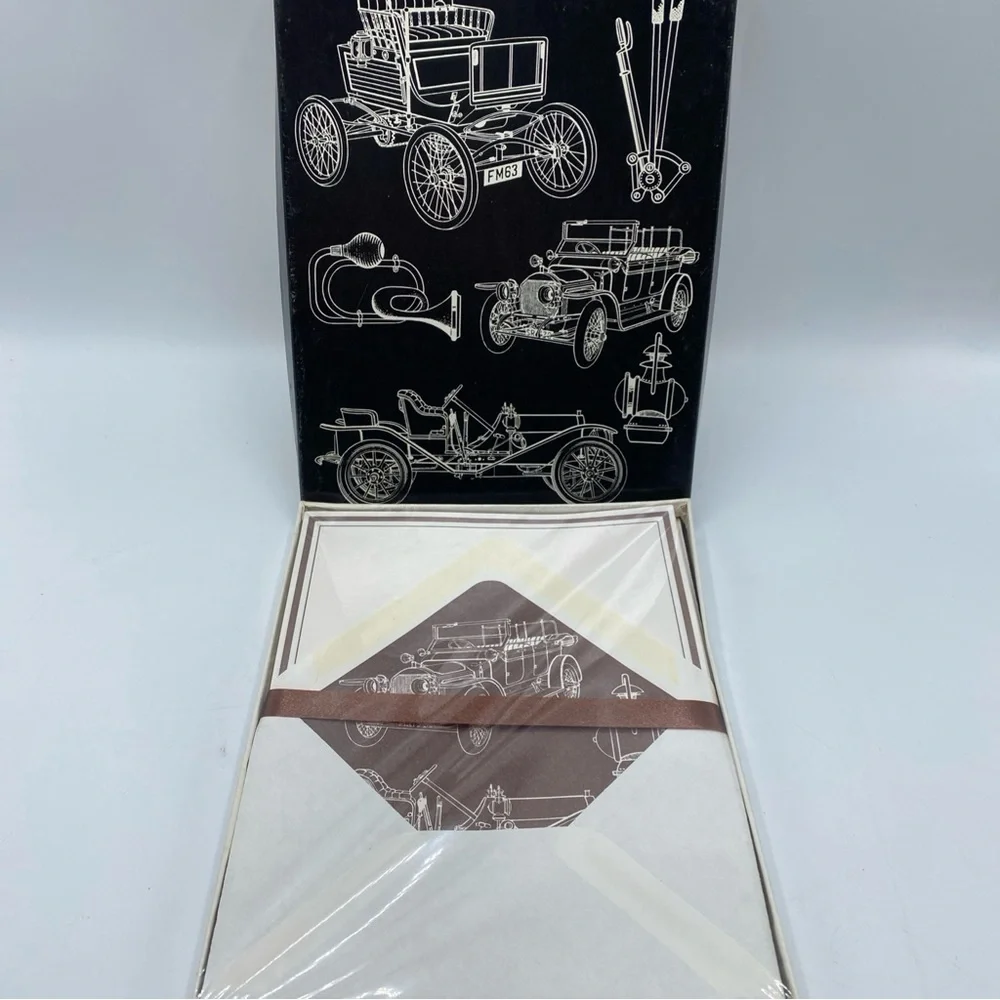 Vintage AMERICAN GREETINGS Stationery BOX Old Cars Notepaper Fold Envelopes USA